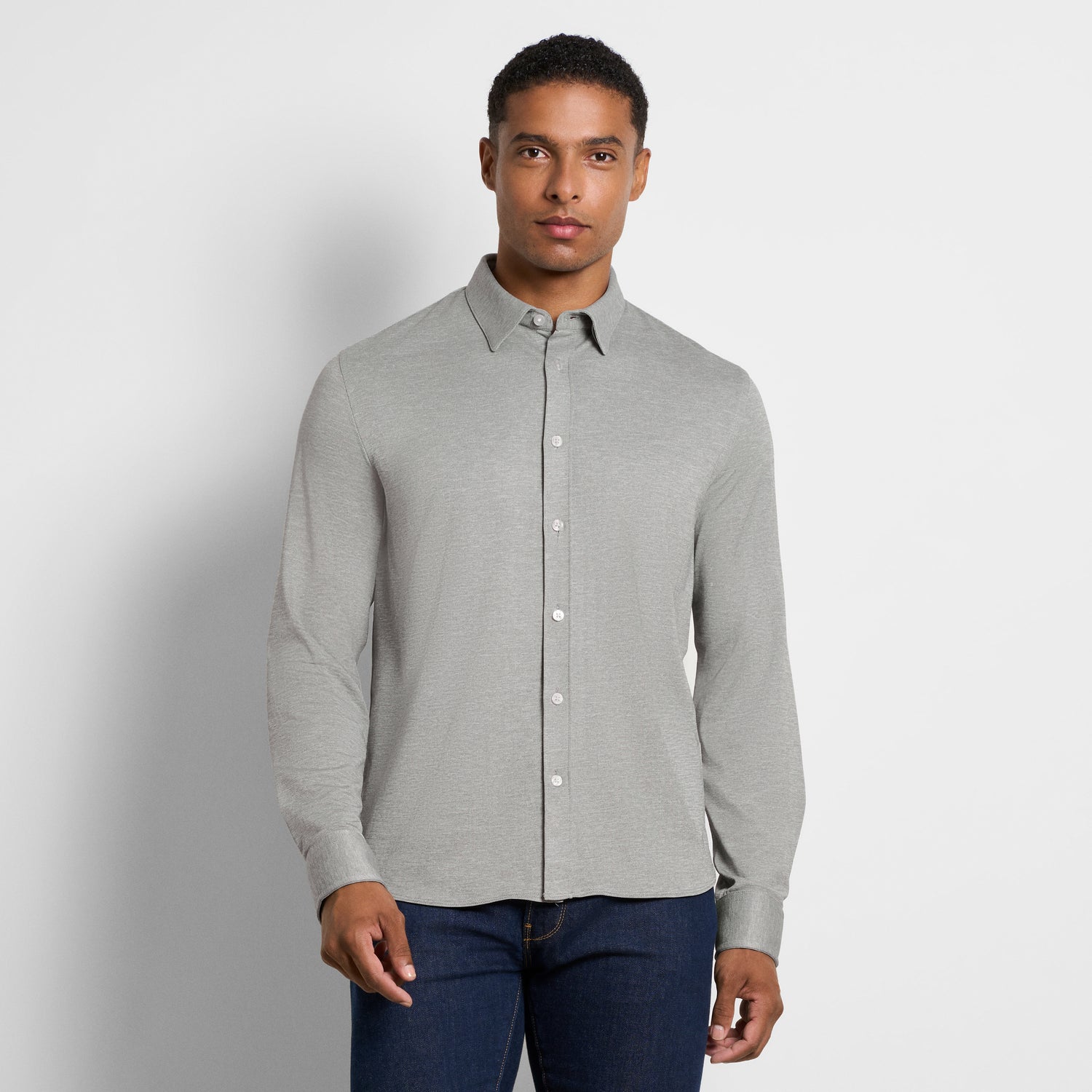 Performance Knit Long Sleeve Solid Button Up Top – Slim Fit