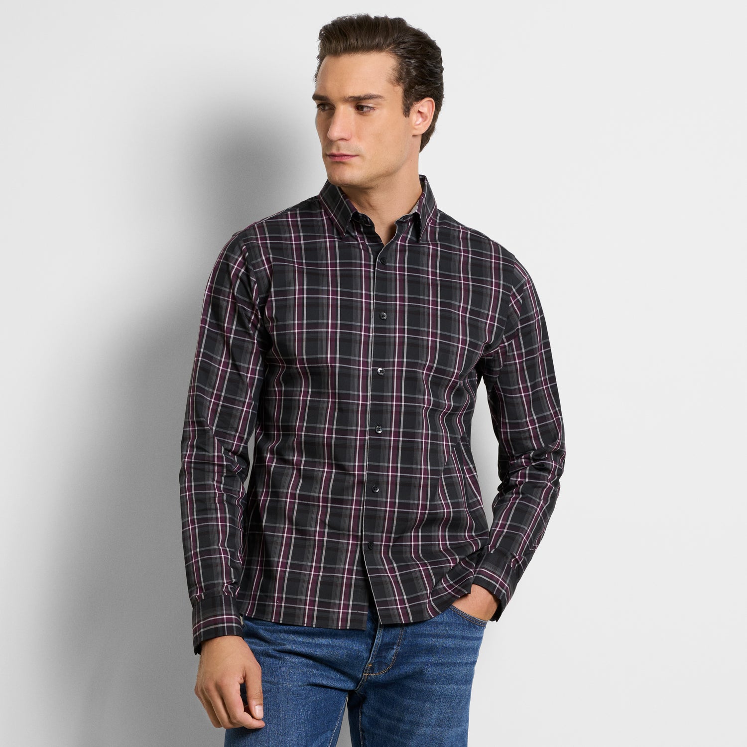 Cronbie Long Sleeve Stain Shield Shirt Dark Plaid Print – Slim Fit