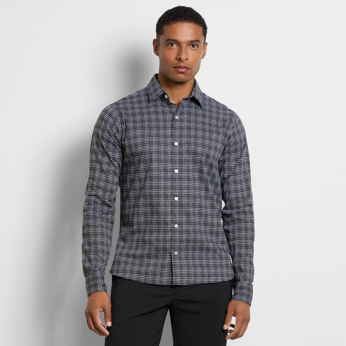 Performance Woven Long Sleeve Button Up Top Check Print – Slim Fit