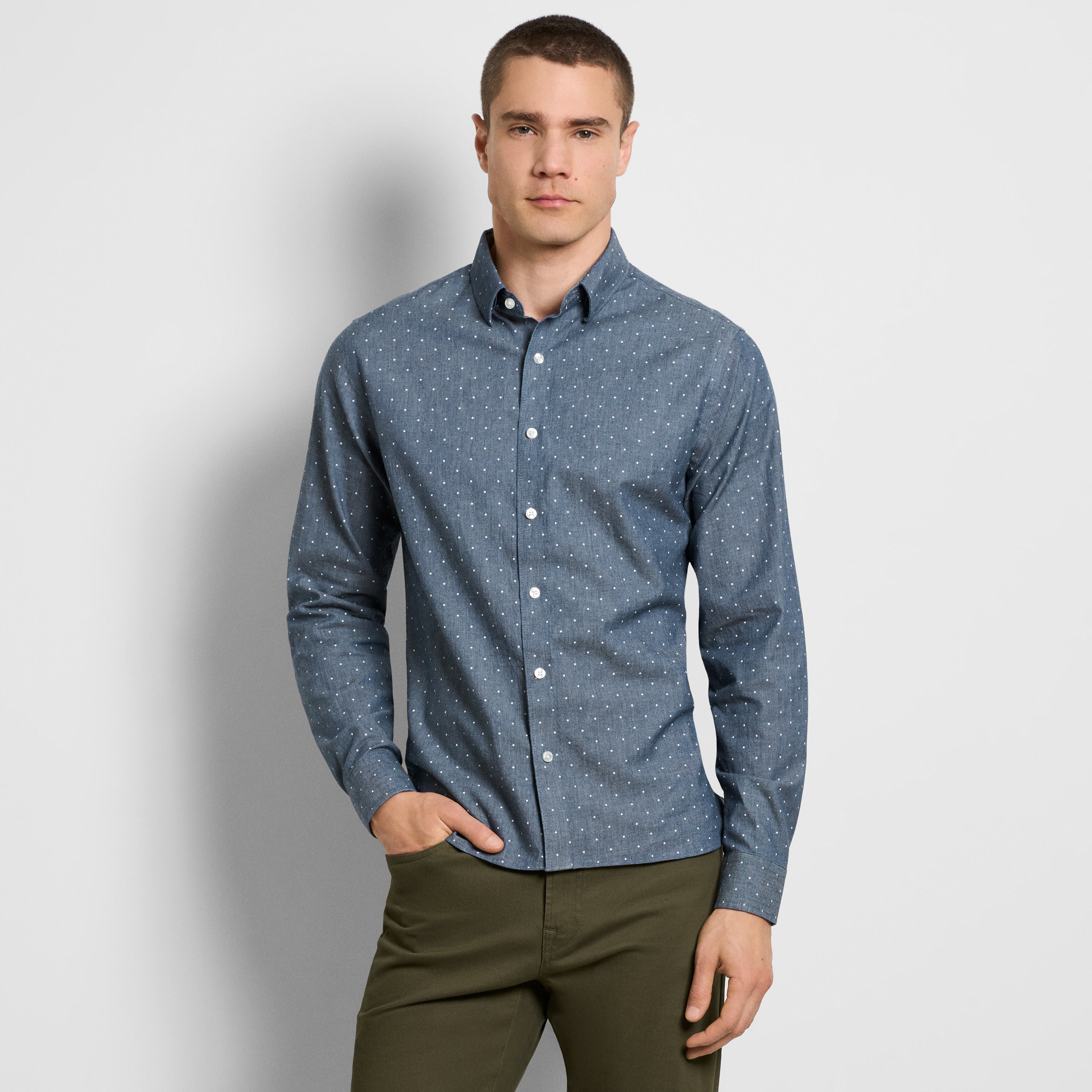 Cronbie Long Sleeve Indigo Shirt Denim Dot Print - Slim Fit